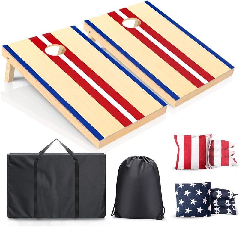 Patriotic red, white, and blue regulation cornhole board set with American flag stripe design, bean bags, and carrying cases
