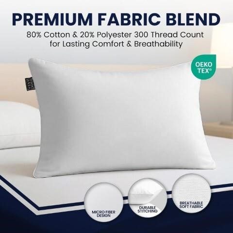 Set of two white hotel-grade cooling bed pillows in clear retail packaging