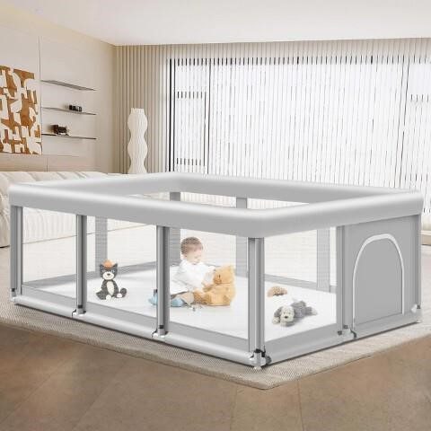 Large oxford-cloth baby playpen with mesh panels and canopy attachment, neutral tan and gray tones
