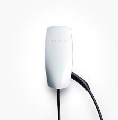 Tesla Universal Wall Connector EV charger, white with green indicator light