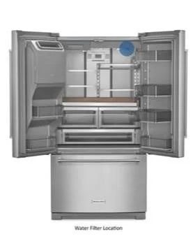 KitchenAid stainless-steel French-door refrigerator, doors open